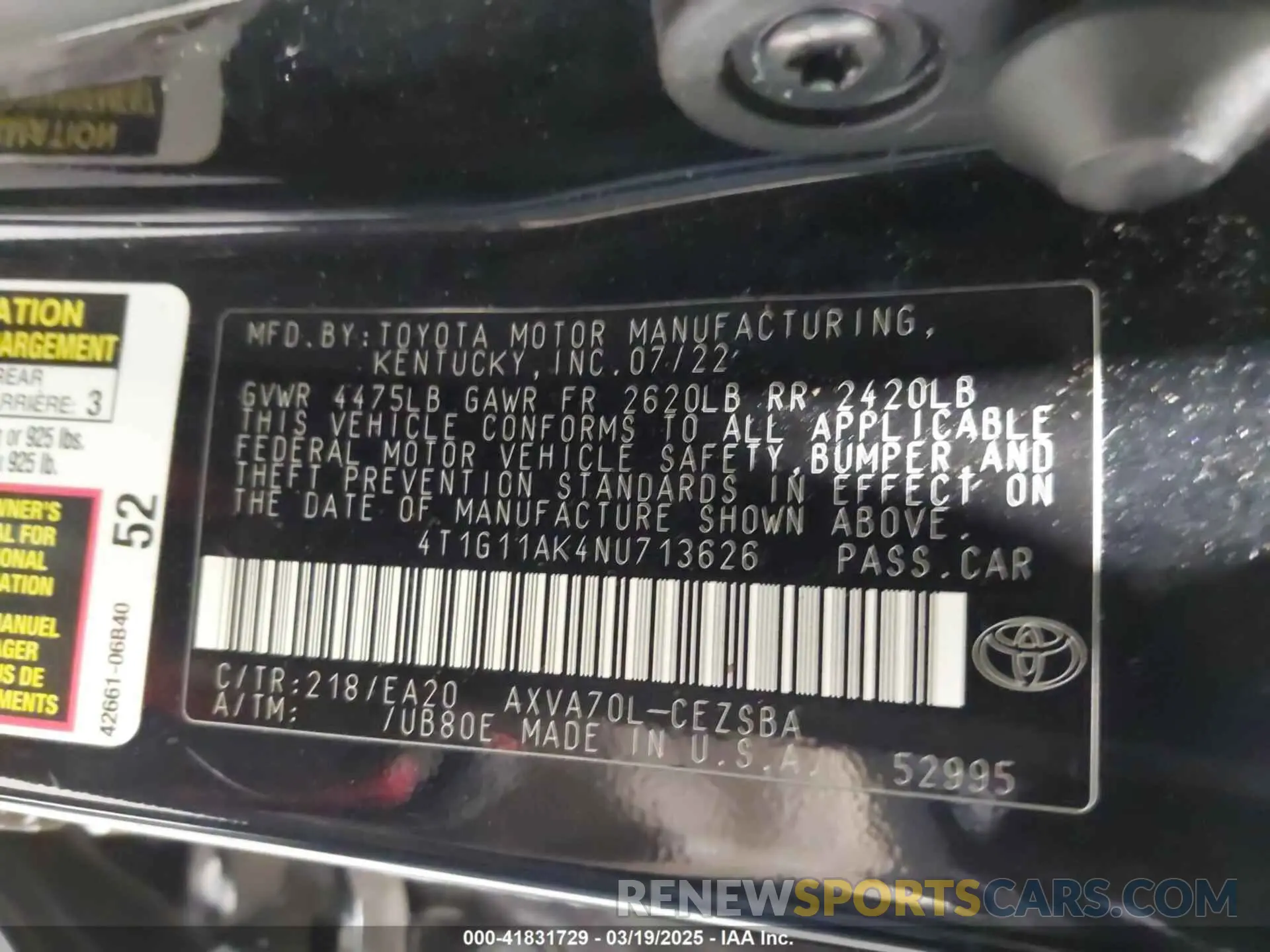9 Photograph of a damaged car 4T1G11AK4NU713626 TOYOTA CAMRY 2022