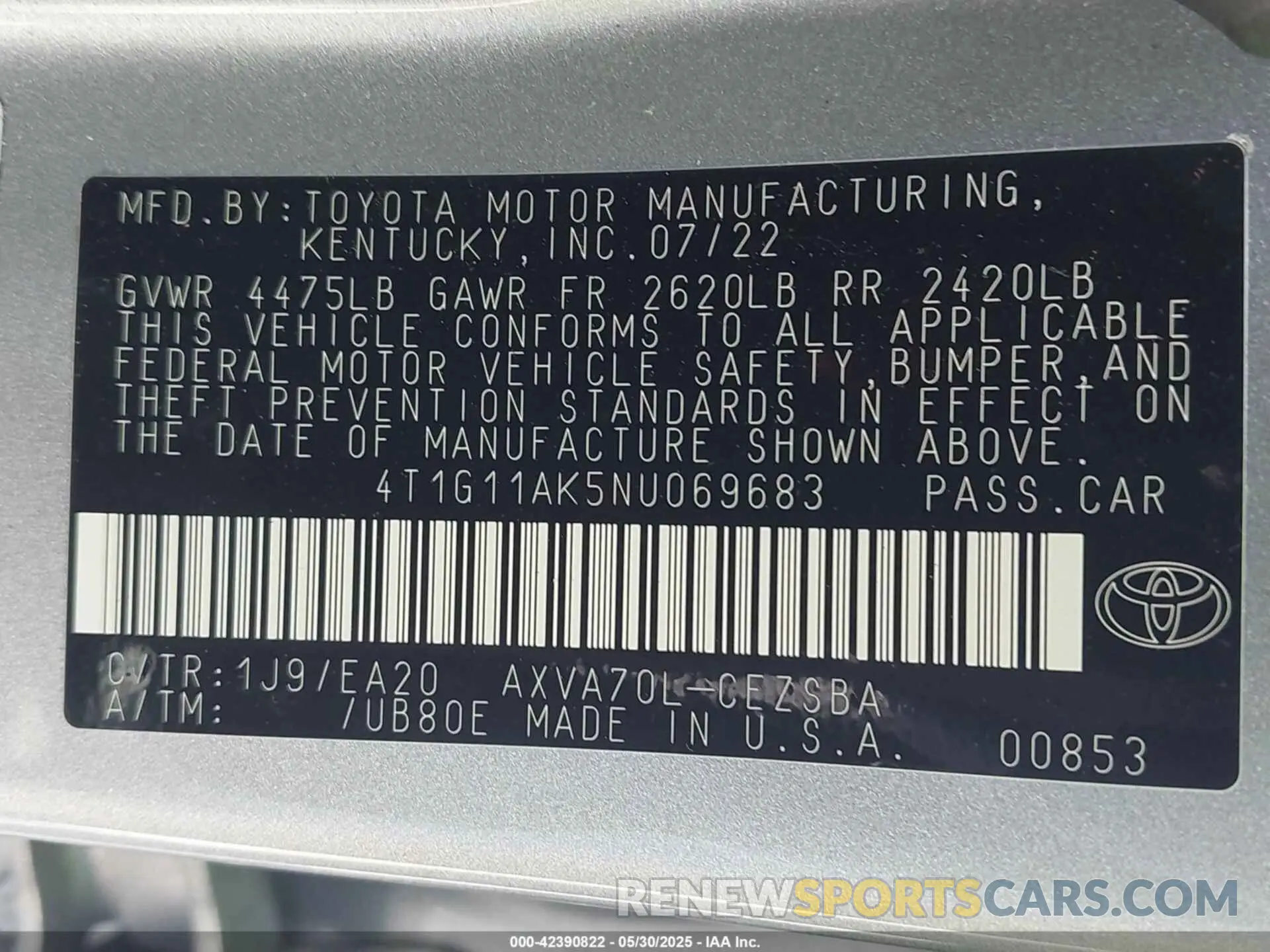 9 Photograph of a damaged car 4T1G11AK5NU069683 TOYOTA CAMRY 2022