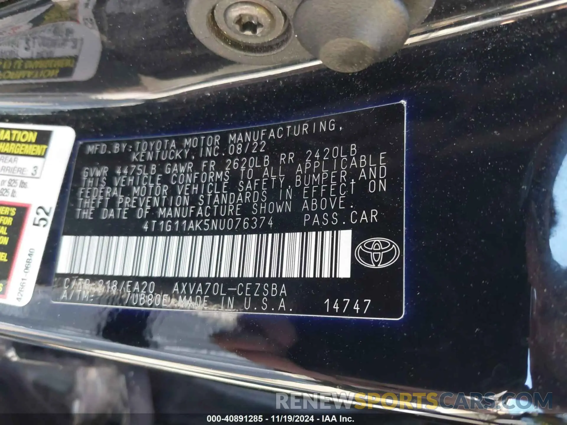 9 Photograph of a damaged car 4T1G11AK5NU076374 TOYOTA CAMRY 2022