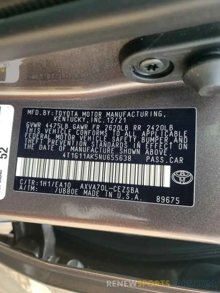 10 Photograph of a damaged car 4T1G11AK5NU655638 TOYOTA CAMRY 2022