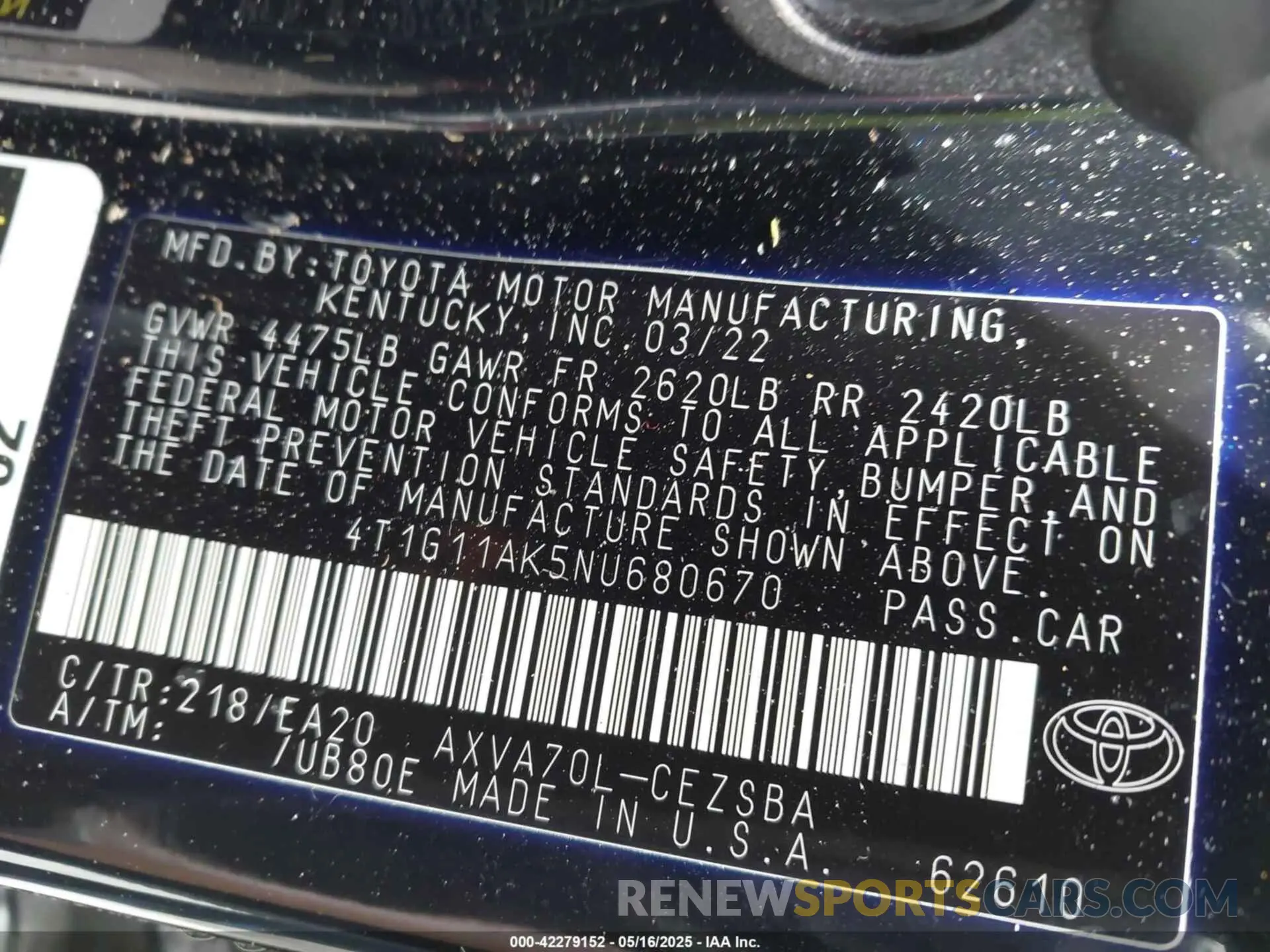 9 Photograph of a damaged car 4T1G11AK5NU680670 TOYOTA CAMRY 2022