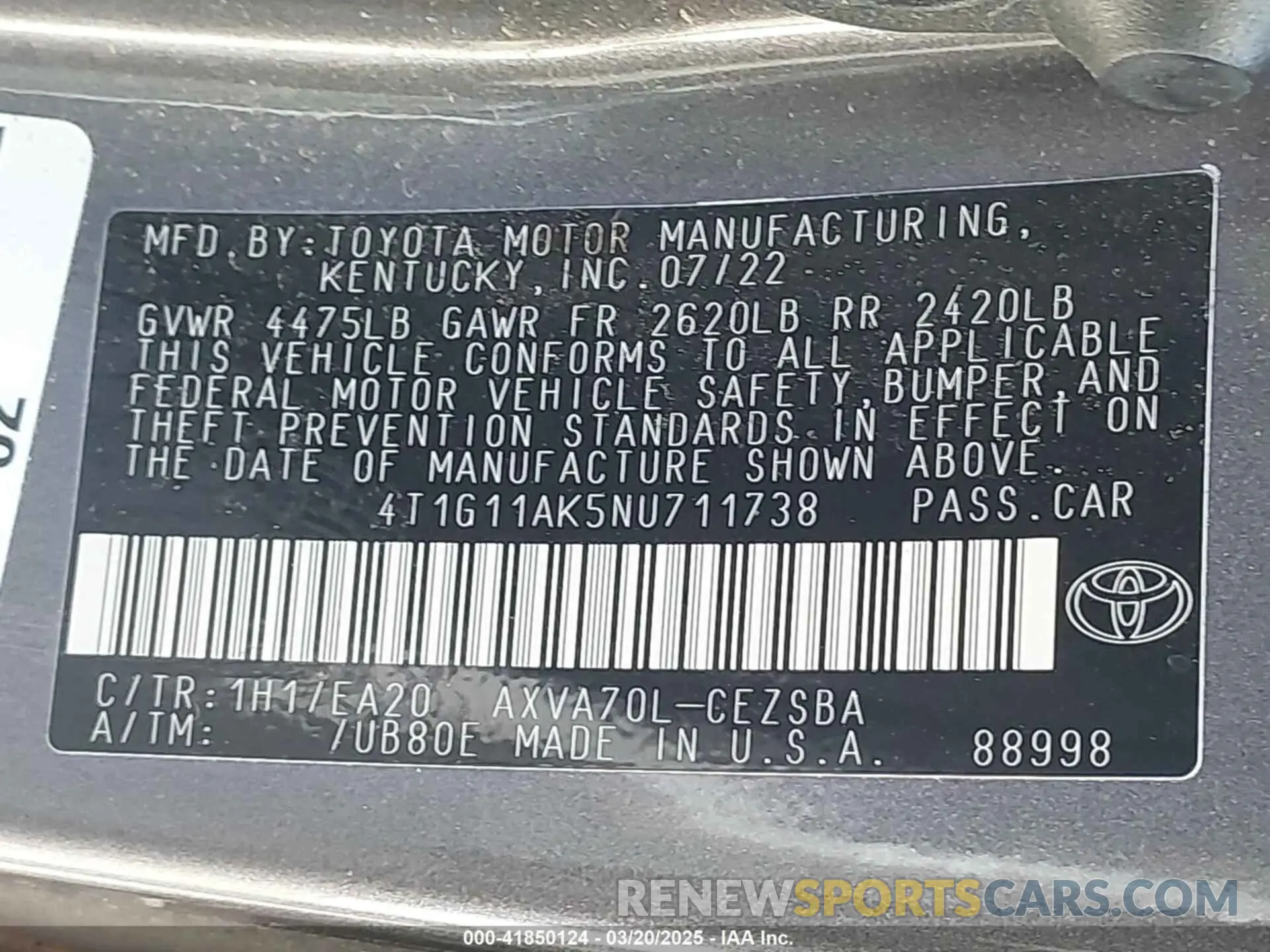 9 Photograph of a damaged car 4T1G11AK5NU711738 TOYOTA CAMRY 2022