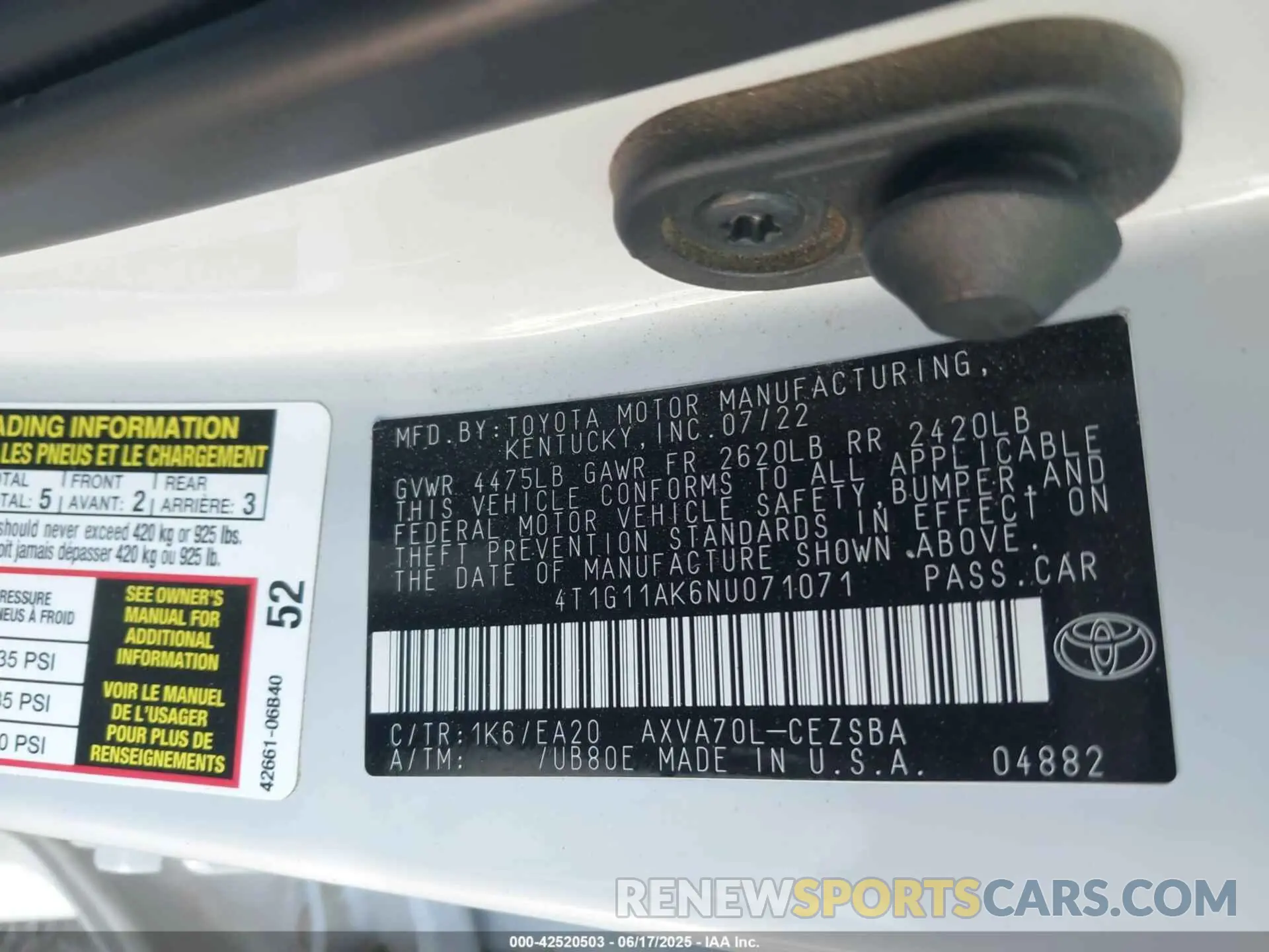 9 Photograph of a damaged car 4T1G11AK6NU071071 TOYOTA CAMRY 2022