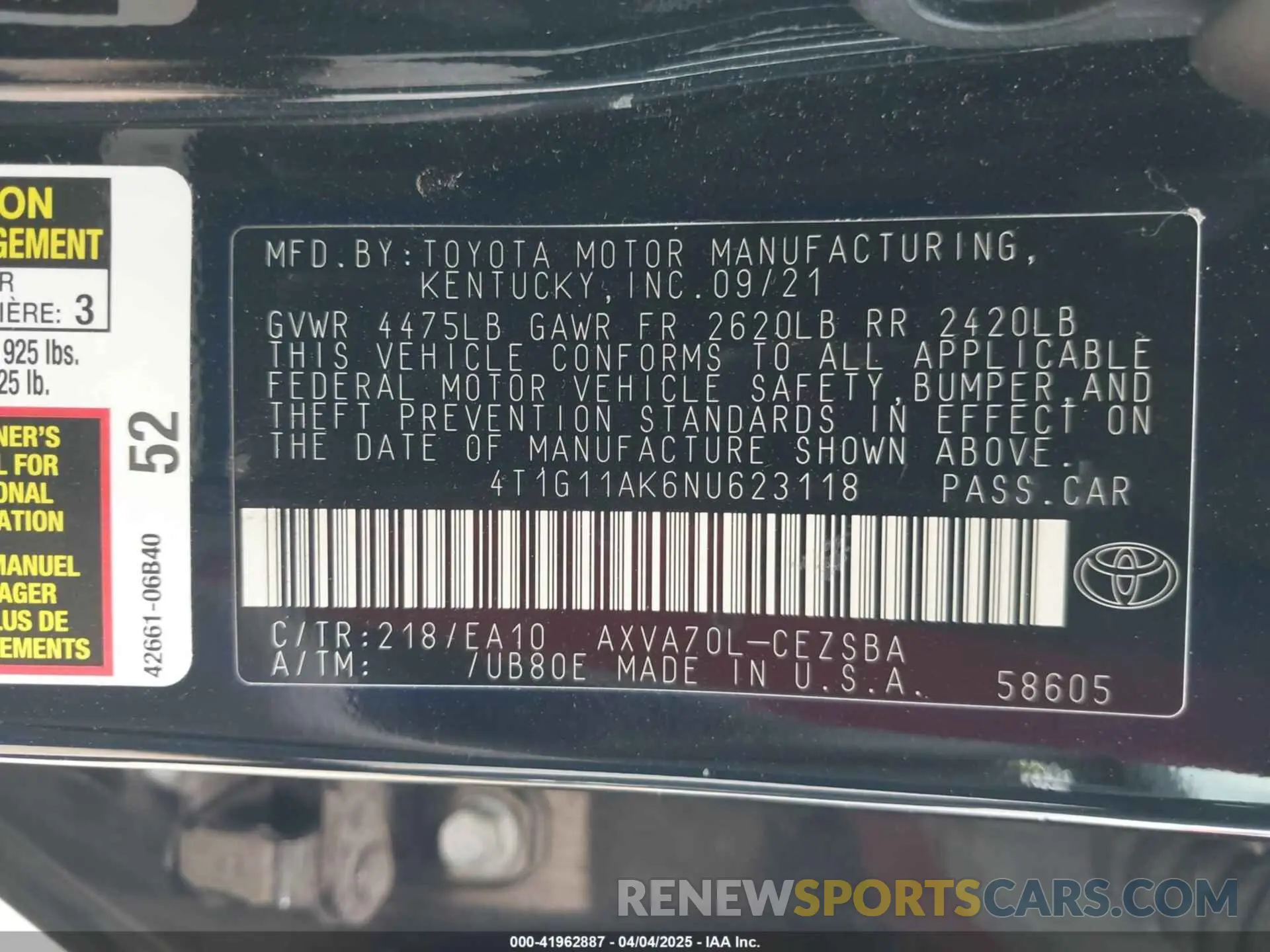 9 Photograph of a damaged car 4T1G11AK6NU623118 TOYOTA CAMRY 2022