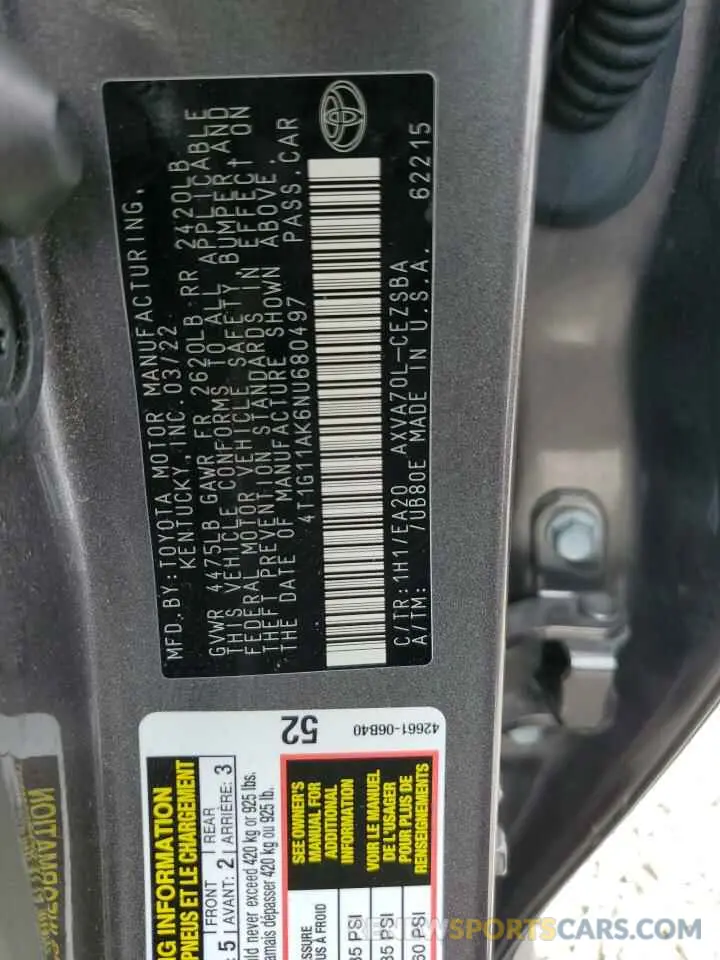 13 Photograph of a damaged car 4T1G11AK6NU680497 TOYOTA CAMRY 2022