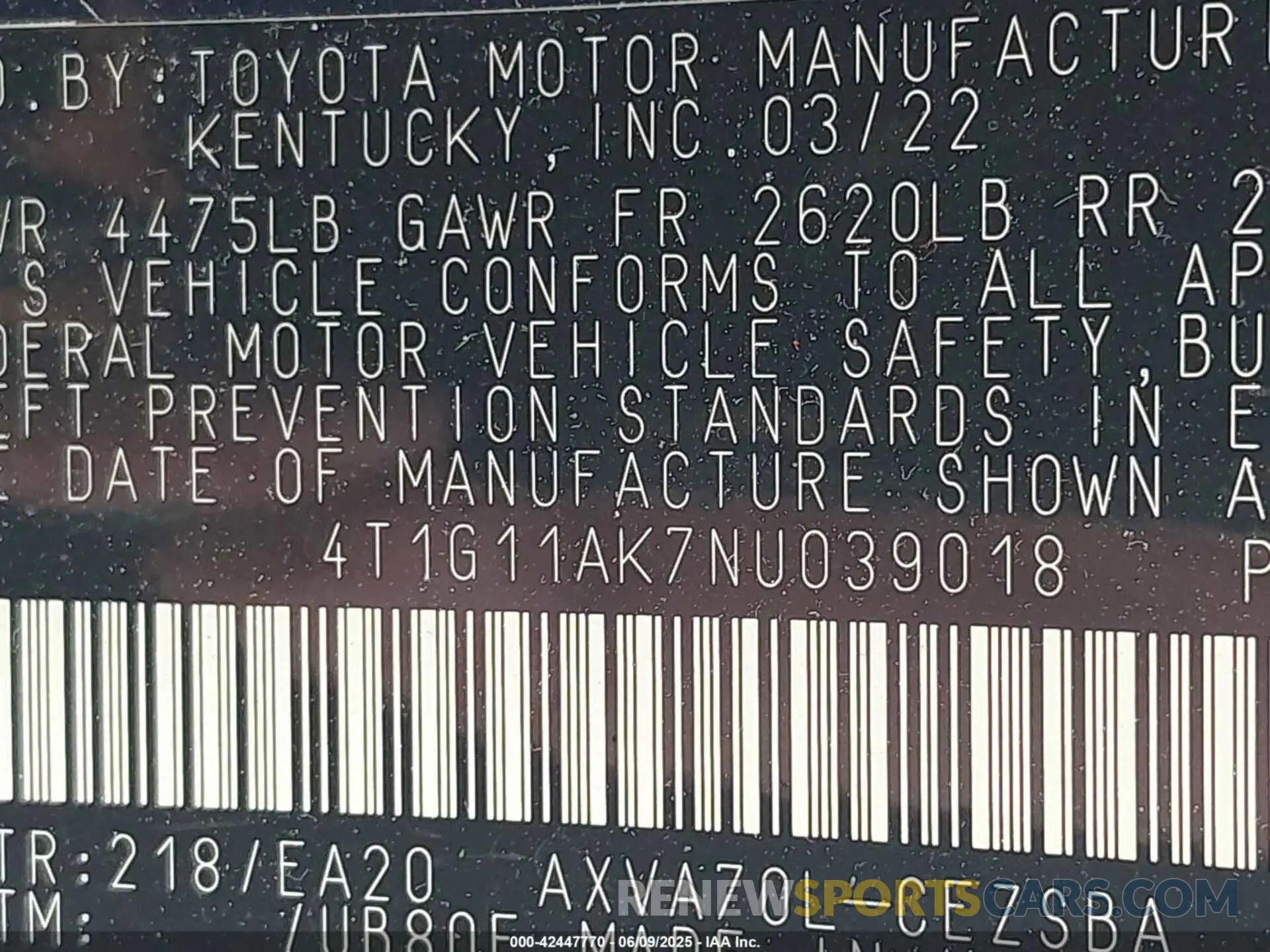 9 Photograph of a damaged car 4T1G11AK7NU039018 TOYOTA CAMRY 2022