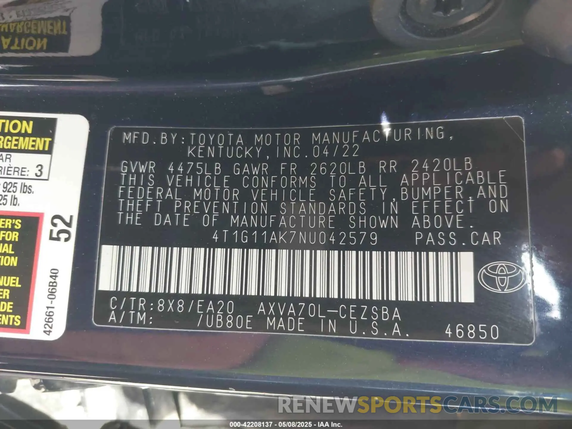 9 Photograph of a damaged car 4T1G11AK7NU042579 TOYOTA CAMRY 2022