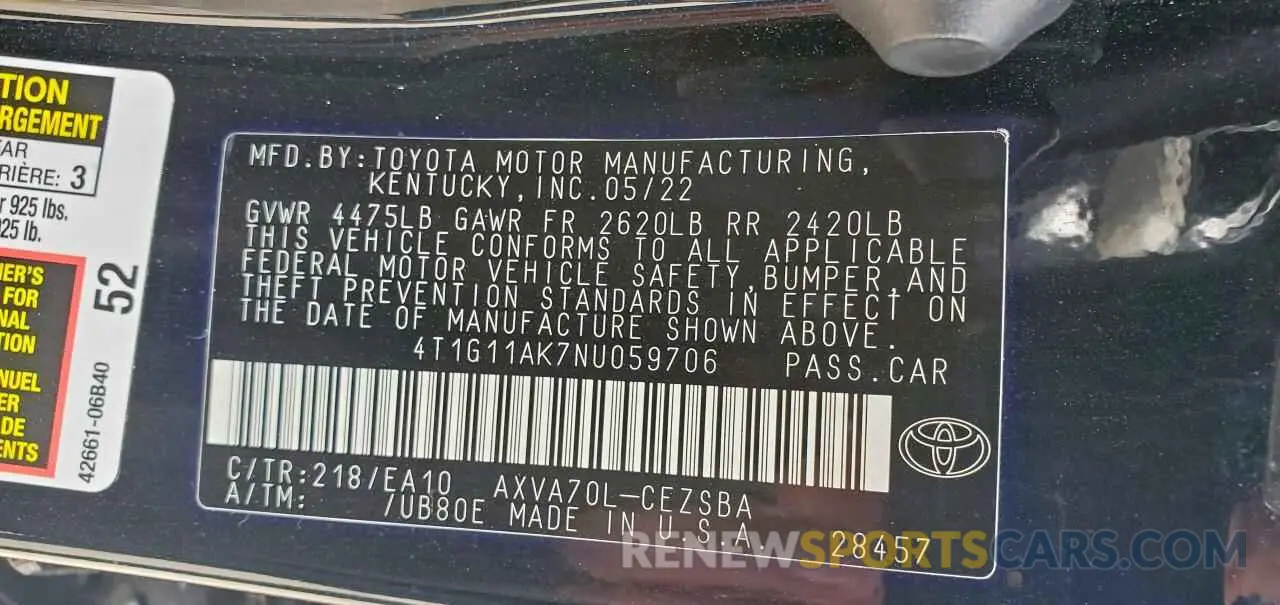 10 Photograph of a damaged car 4T1G11AK7NU059706 TOYOTA CAMRY 2022