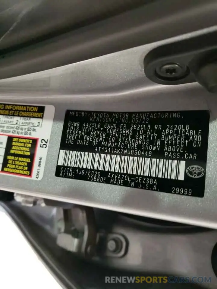 13 Photograph of a damaged car 4T1G11AK7NU060449 TOYOTA CAMRY 2022
