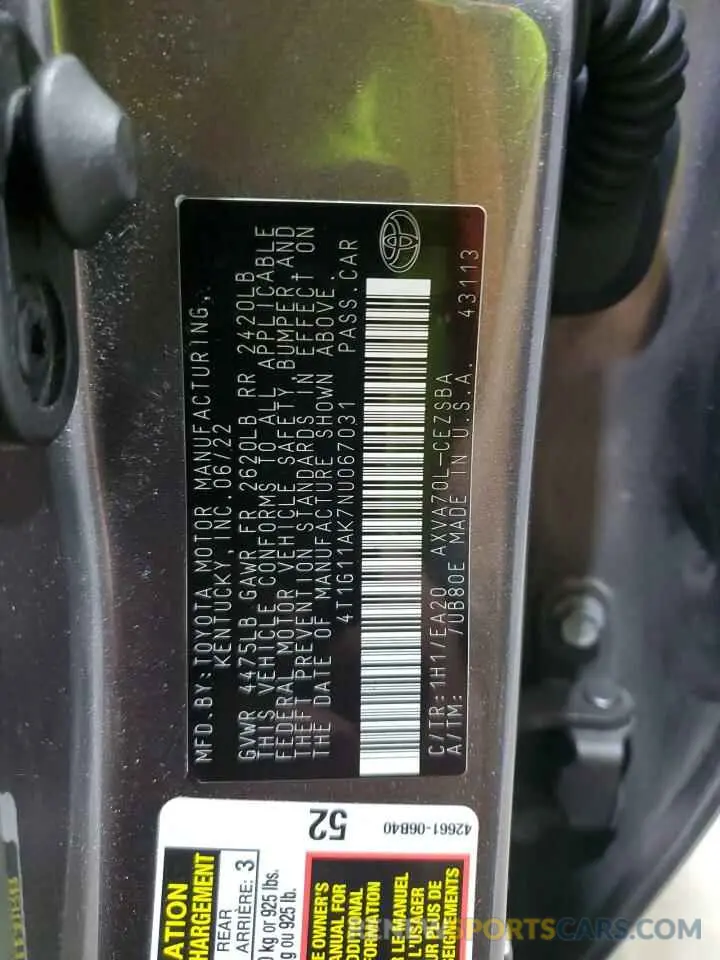 12 Photograph of a damaged car 4T1G11AK7NU067031 TOYOTA CAMRY 2022
