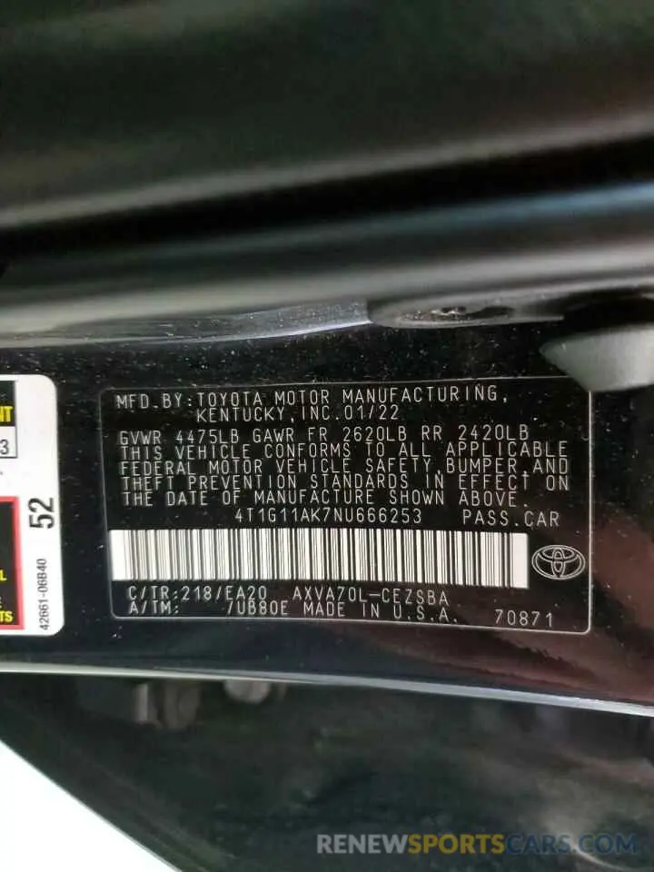 12 Photograph of a damaged car 4T1G11AK7NU666253 TOYOTA CAMRY 2022