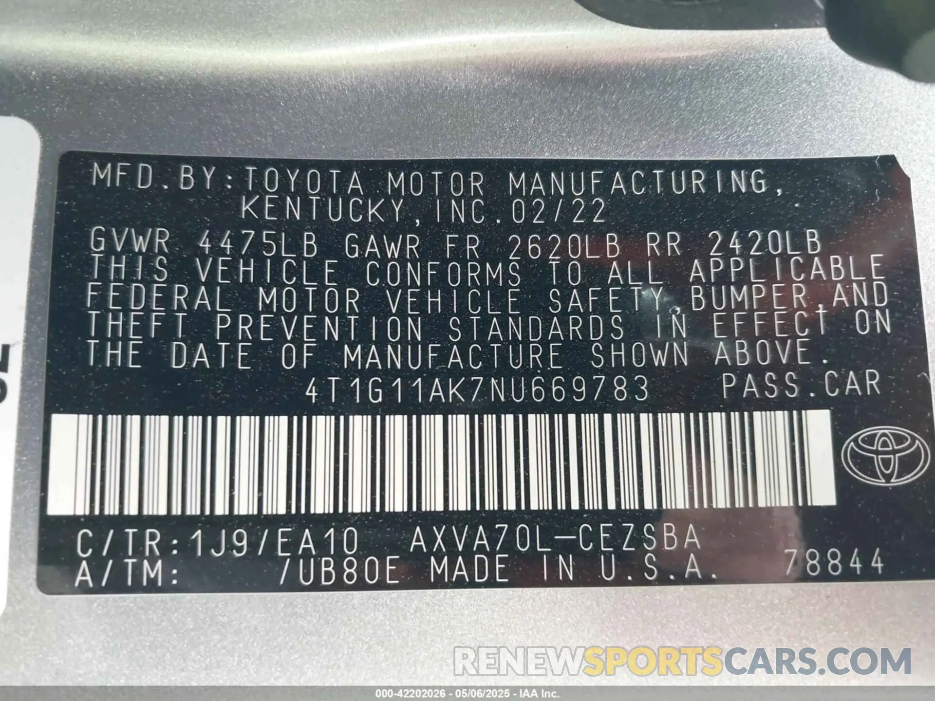 9 Photograph of a damaged car 4T1G11AK7NU669783 TOYOTA CAMRY 2022