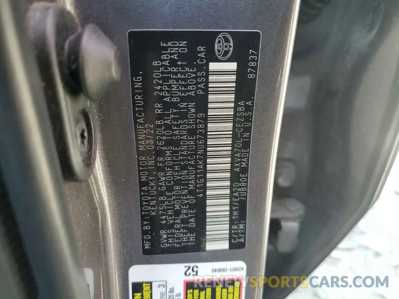 12 Photograph of a damaged car 4T1G11AK7NU673879 TOYOTA CAMRY 2022