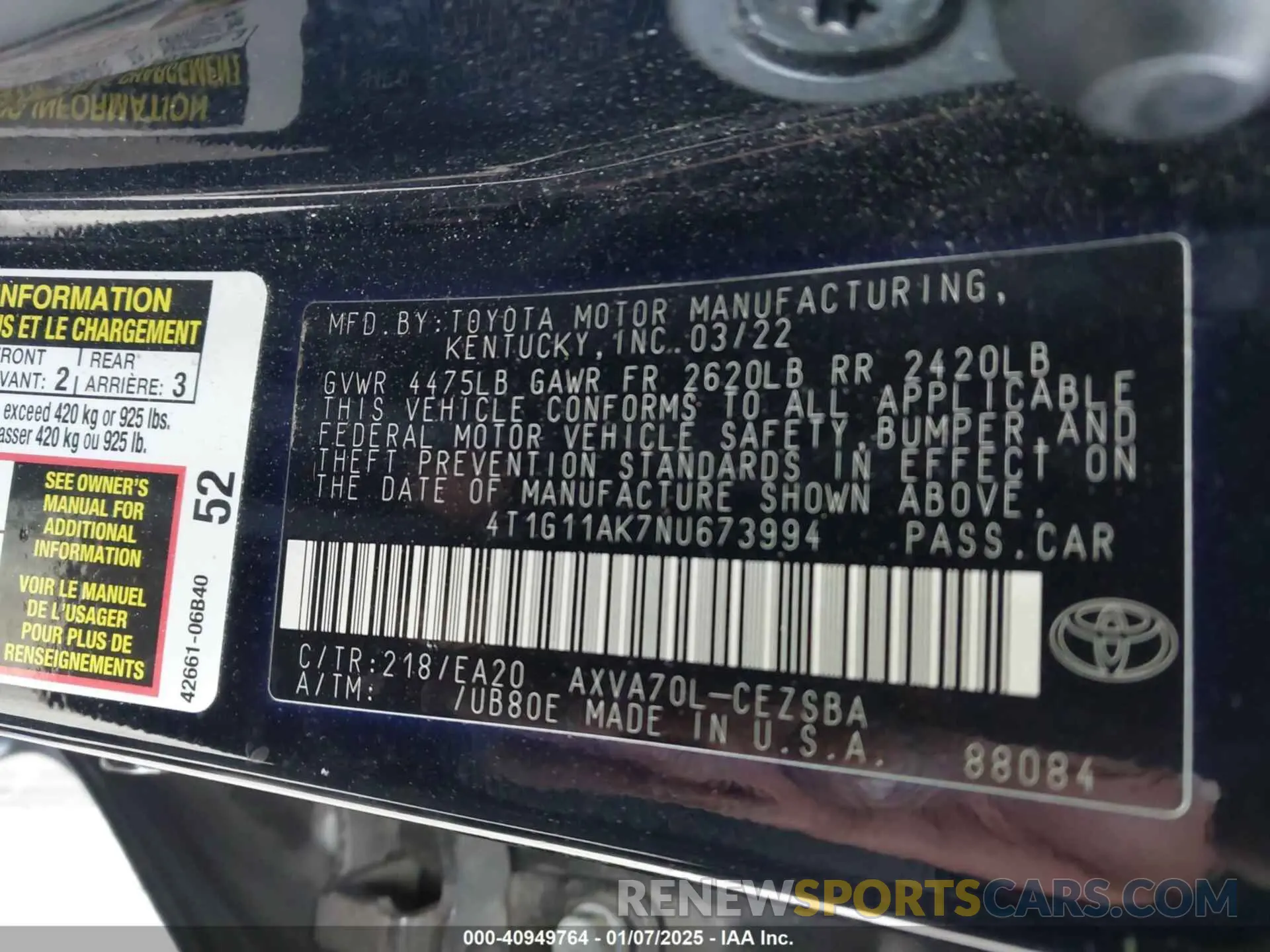 9 Photograph of a damaged car 4T1G11AK7NU673994 TOYOTA CAMRY 2022