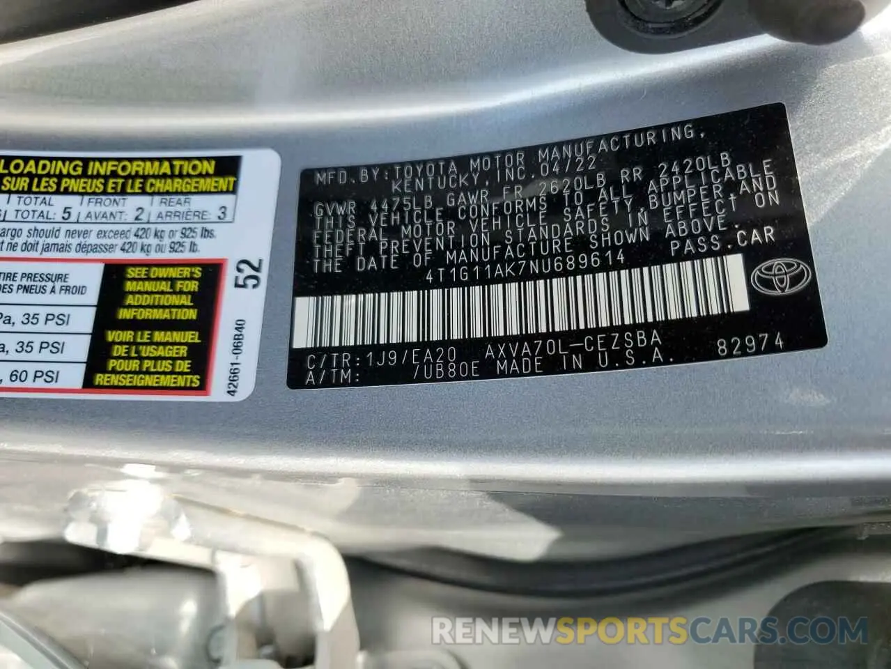 12 Photograph of a damaged car 4T1G11AK7NU689614 TOYOTA CAMRY 2022