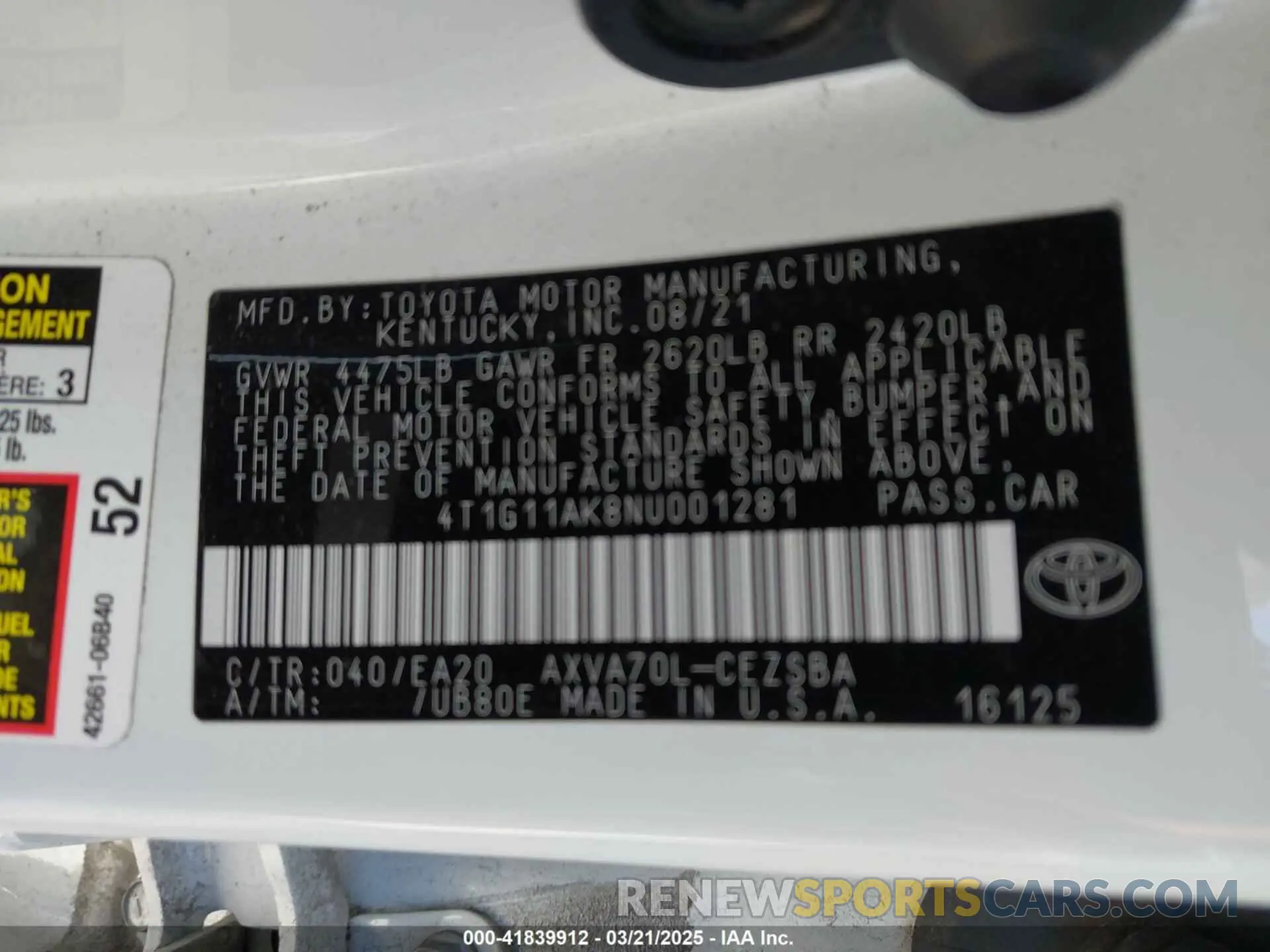 9 Photograph of a damaged car 4T1G11AK8NU001281 TOYOTA CAMRY 2022