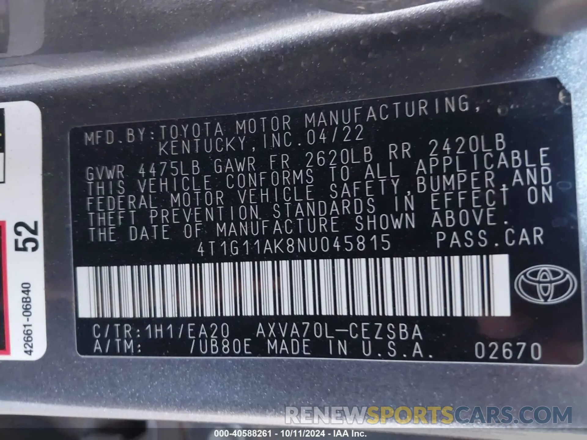 9 Photograph of a damaged car 4T1G11AK8NU045815 TOYOTA CAMRY 2022