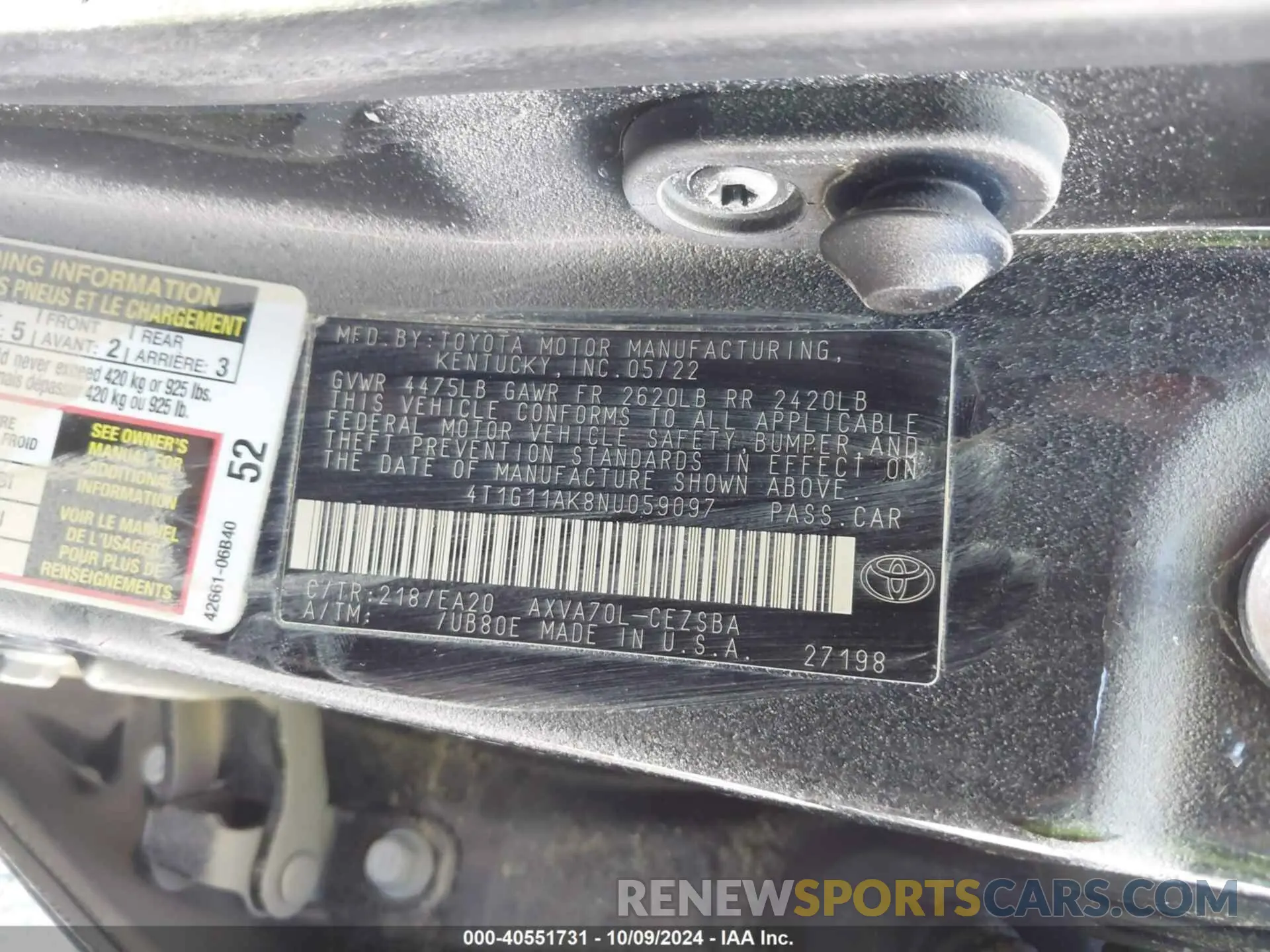 9 Photograph of a damaged car 4T1G11AK8NU059097 TOYOTA CAMRY 2022