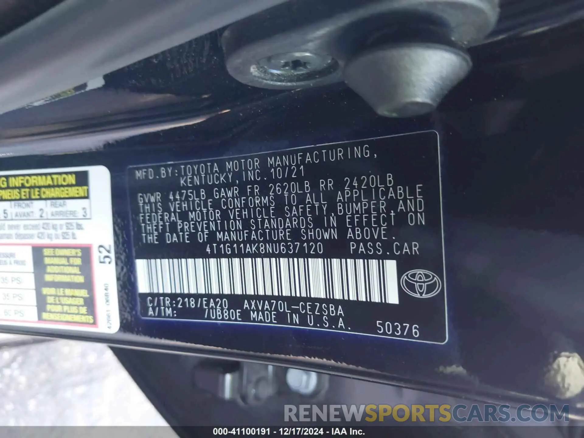 9 Photograph of a damaged car 4T1G11AK8NU637120 TOYOTA CAMRY 2022