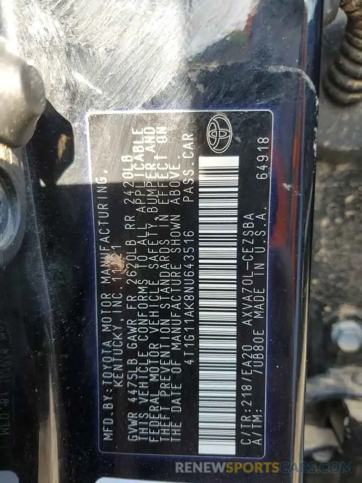 12 Photograph of a damaged car 4T1G11AK8NU643516 TOYOTA CAMRY 2022
