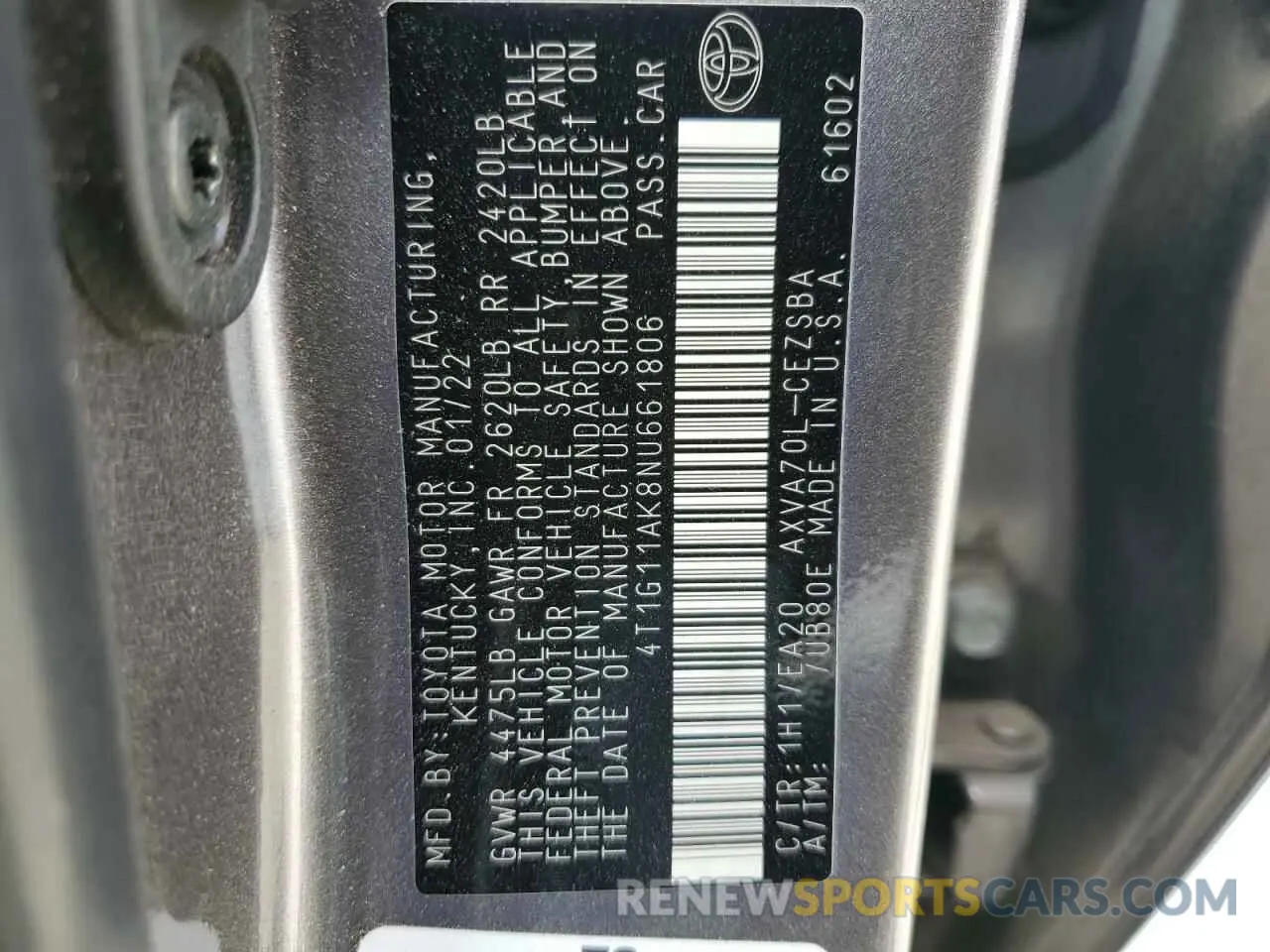 12 Photograph of a damaged car 4T1G11AK8NU661806 TOYOTA CAMRY 2022