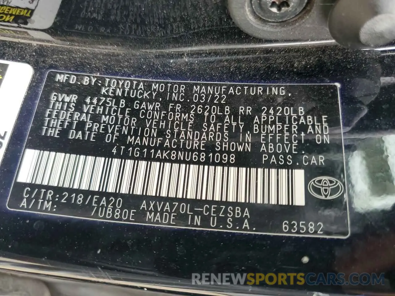 13 Photograph of a damaged car 4T1G11AK8NU681098 TOYOTA CAMRY 2022