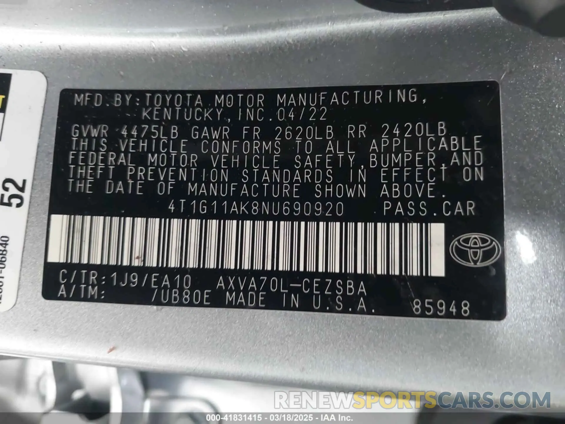 9 Photograph of a damaged car 4T1G11AK8NU690920 TOYOTA CAMRY 2022