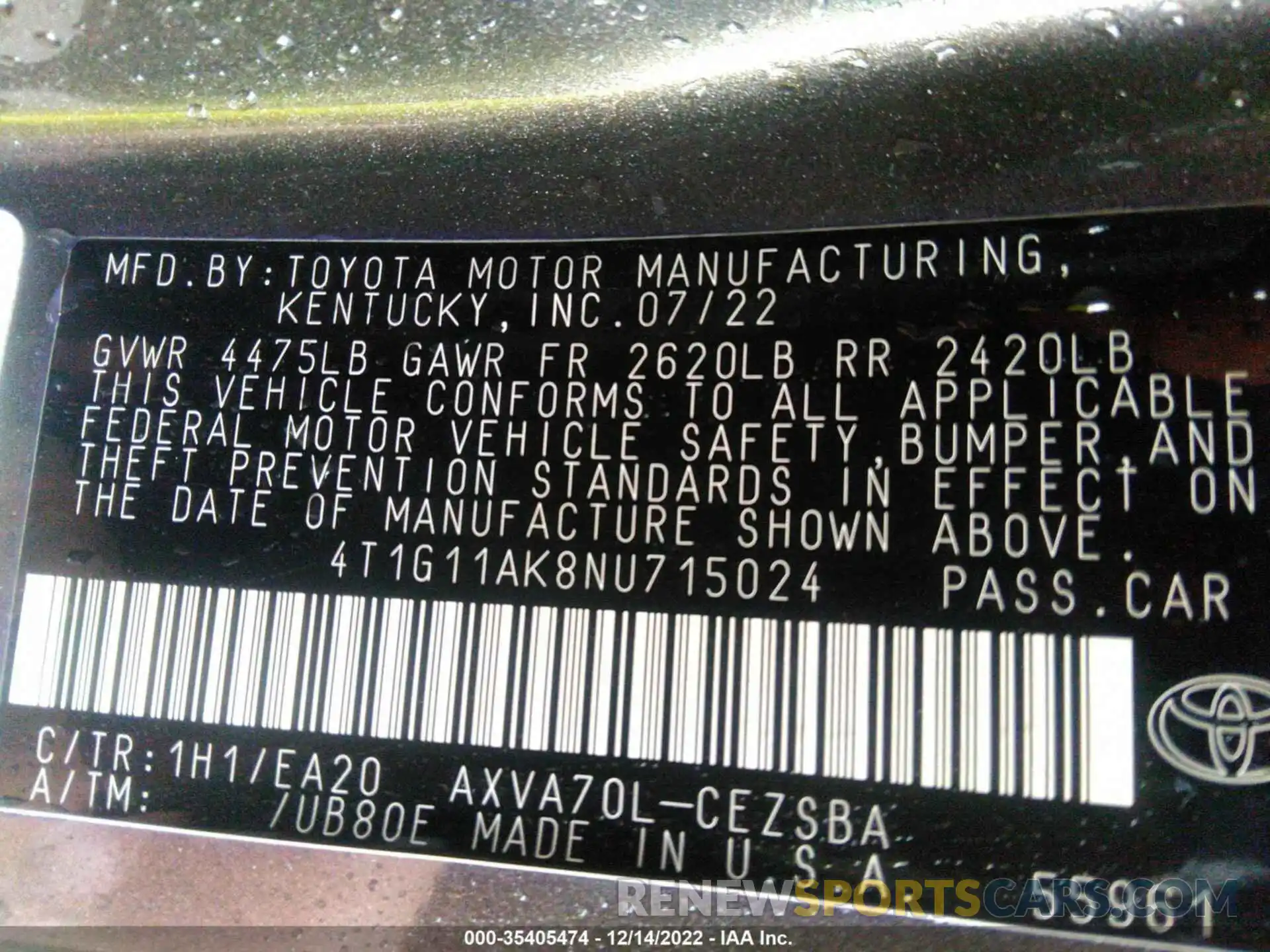 9 Photograph of a damaged car 4T1G11AK8NU715024 TOYOTA CAMRY 2022