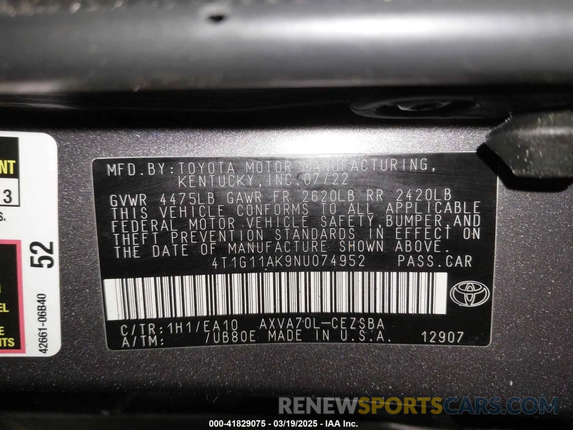 9 Photograph of a damaged car 4T1G11AK9NU074952 TOYOTA CAMRY 2022