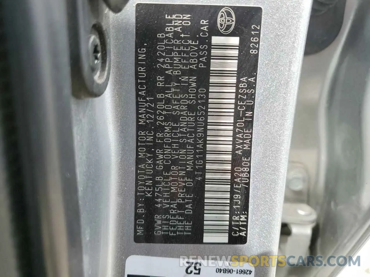 12 Photograph of a damaged car 4T1G11AK9NU652130 TOYOTA CAMRY 2022