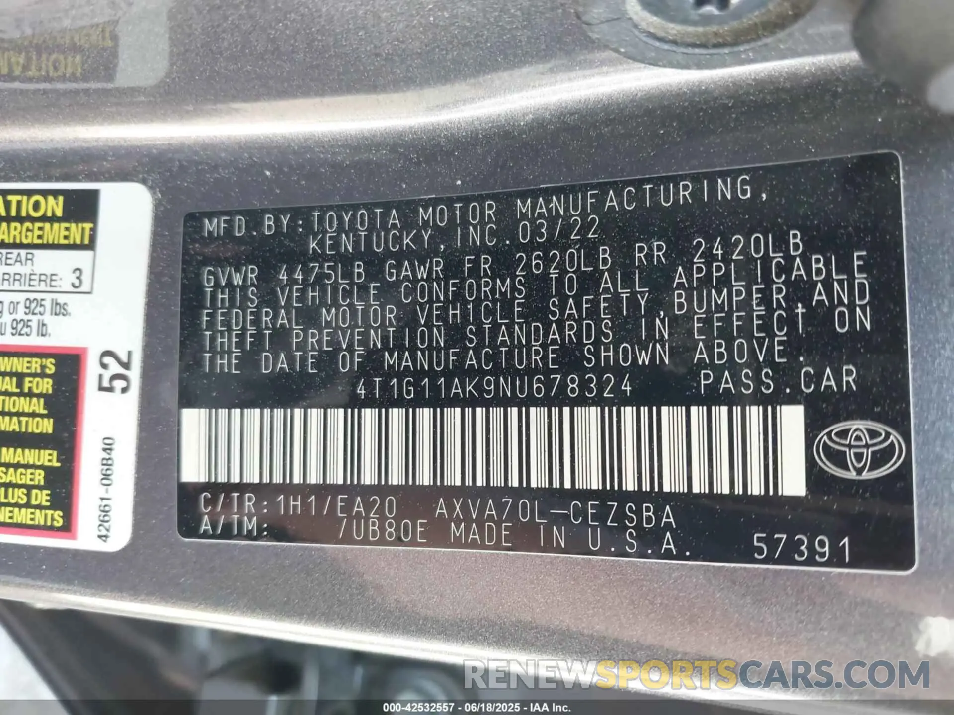 9 Photograph of a damaged car 4T1G11AK9NU678324 TOYOTA CAMRY 2022