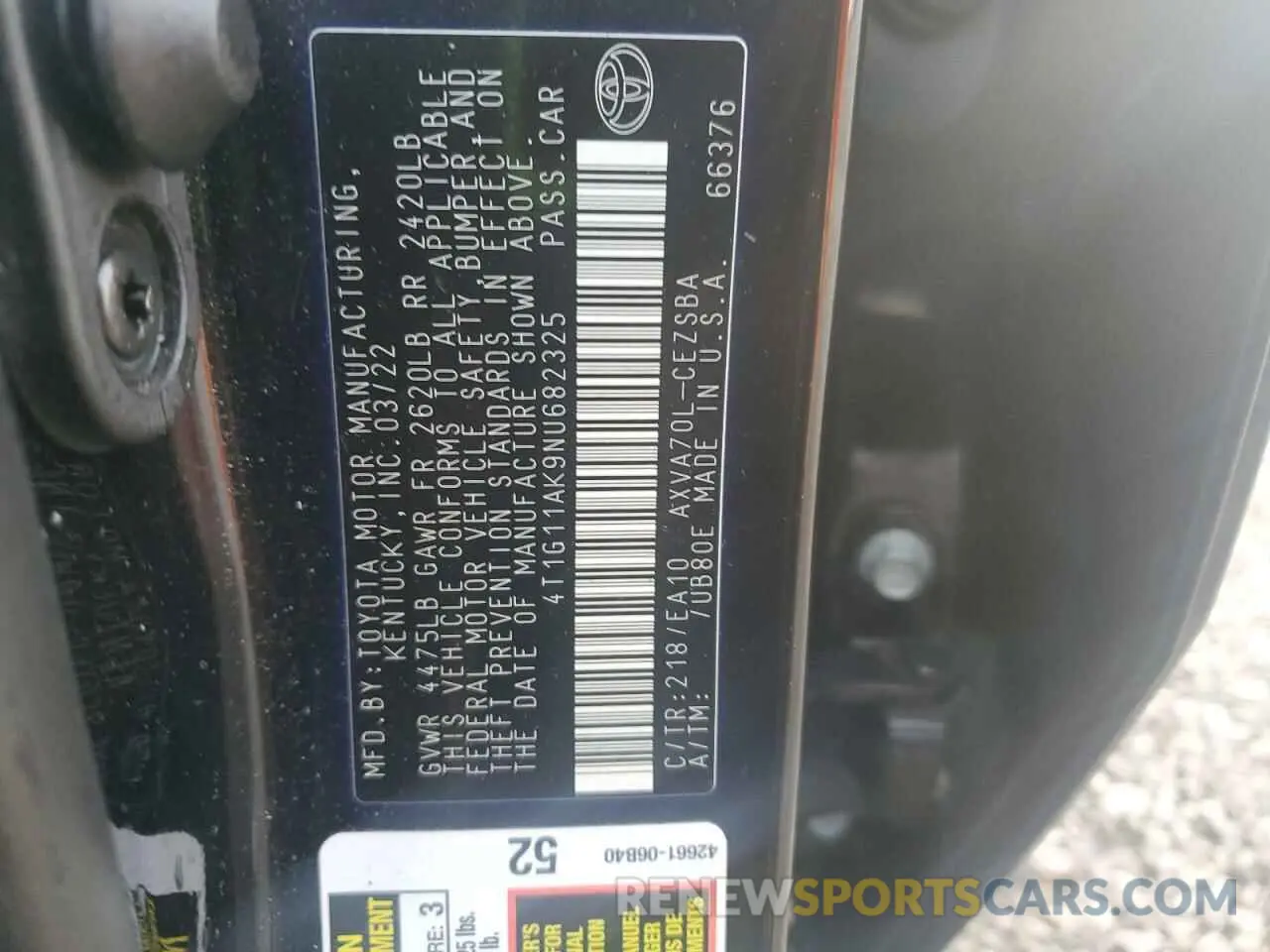 12 Photograph of a damaged car 4T1G11AK9NU682325 TOYOTA CAMRY 2022