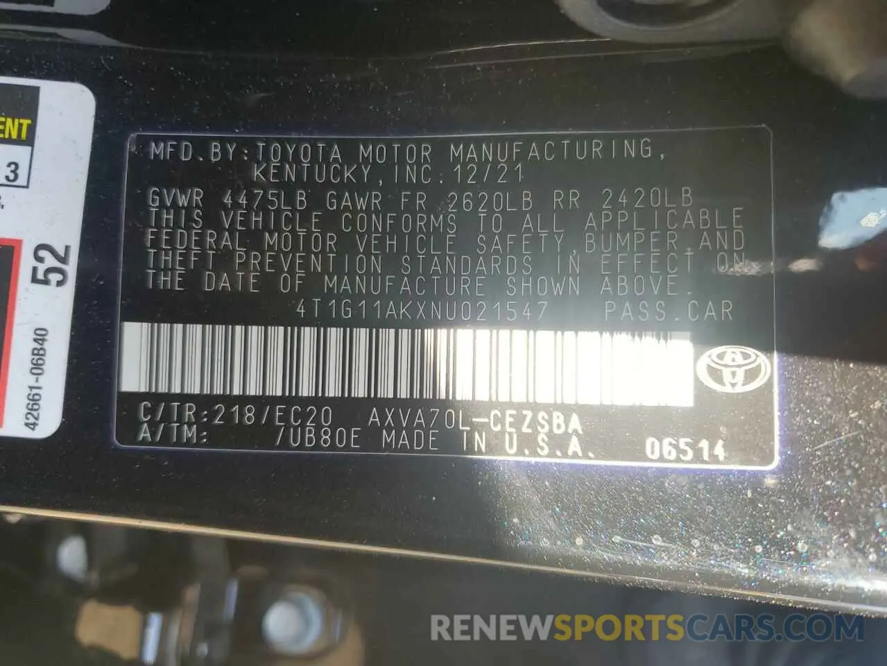 13 Photograph of a damaged car 4T1G11AKXNU021547 TOYOTA CAMRY 2022
