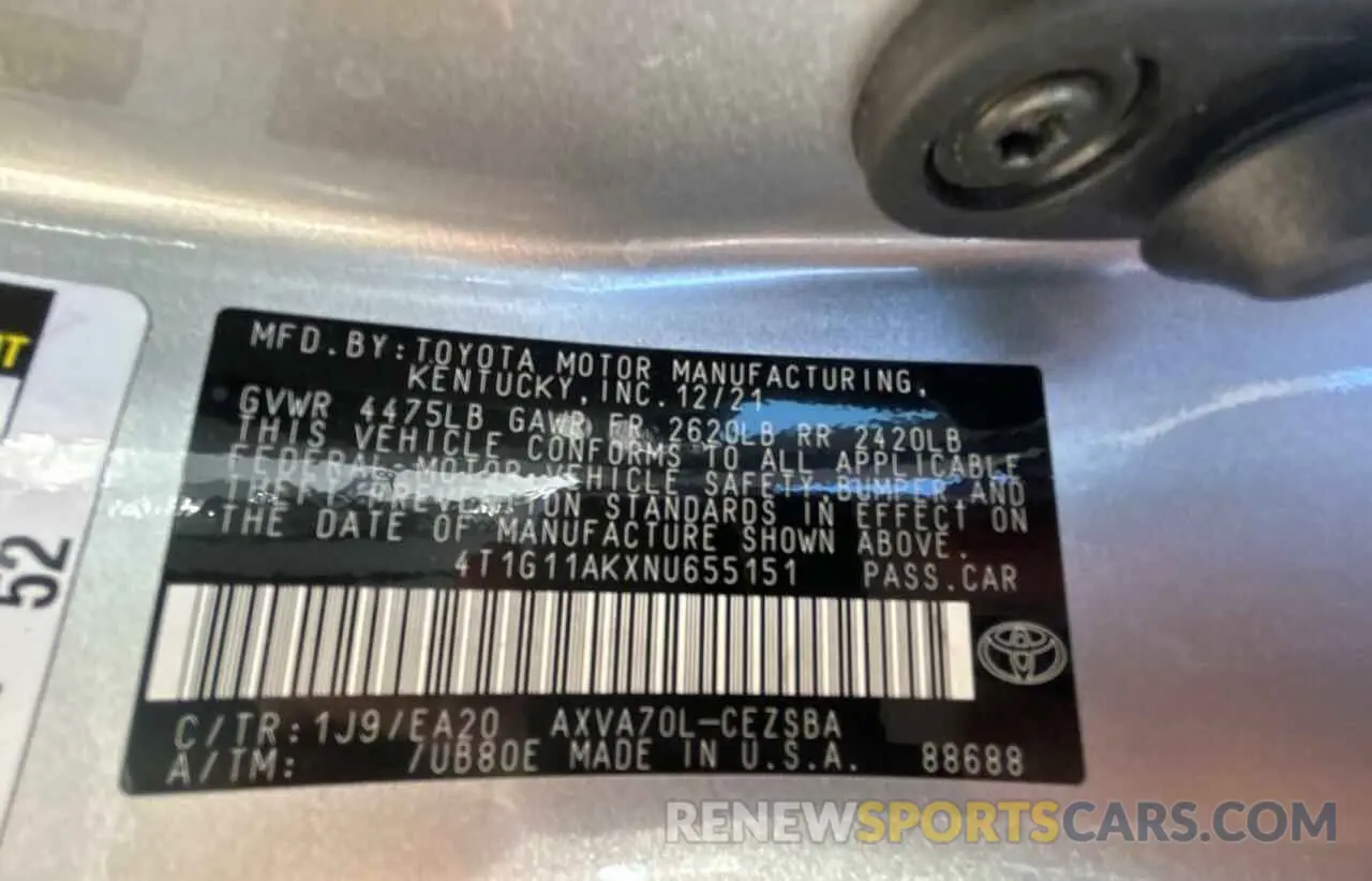10 Photograph of a damaged car 4T1G11AKXNU655151 TOYOTA CAMRY 2022