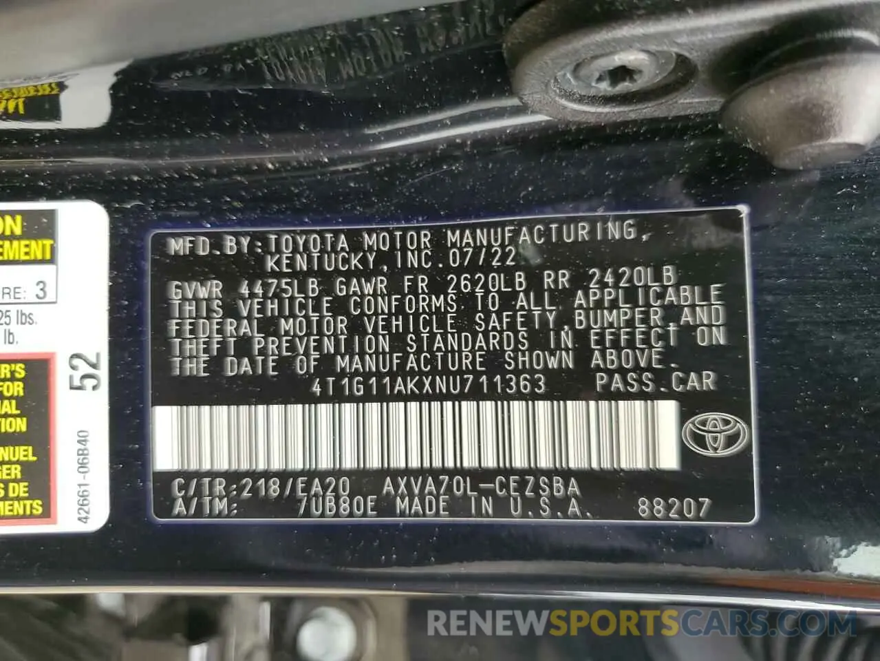12 Photograph of a damaged car 4T1G11AKXNU711363 TOYOTA CAMRY 2022