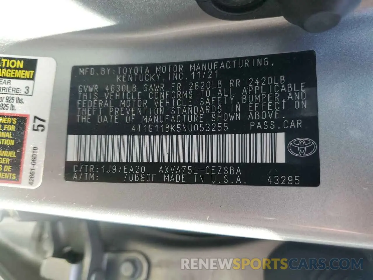 13 Photograph of a damaged car 4T1G11BK5NU053255 TOYOTA CAMRY 2022