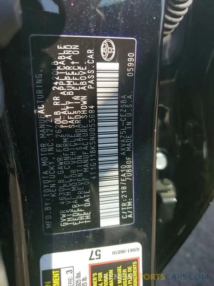 12 Photograph of a damaged car 4T1G11BK5NU055684 TOYOTA CAMRY 2022
