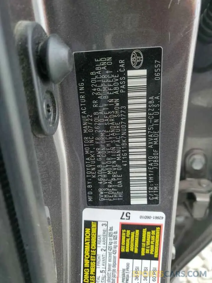 12 Photograph of a damaged car 4T1G11BK7NU071773 TOYOTA CAMRY 2022