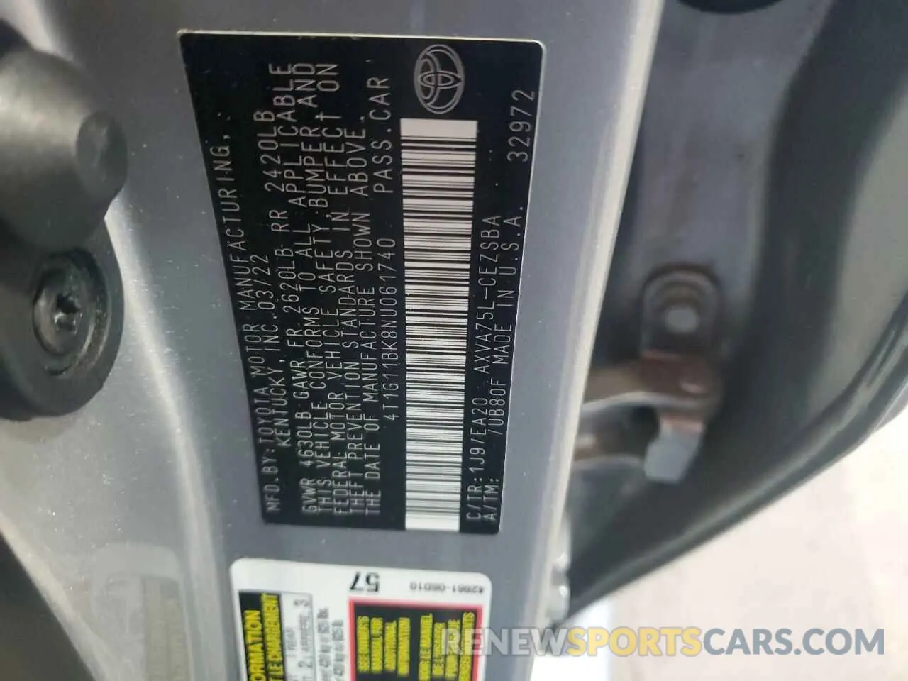 12 Photograph of a damaged car 4T1G11BK8NU061740 TOYOTA CAMRY 2022