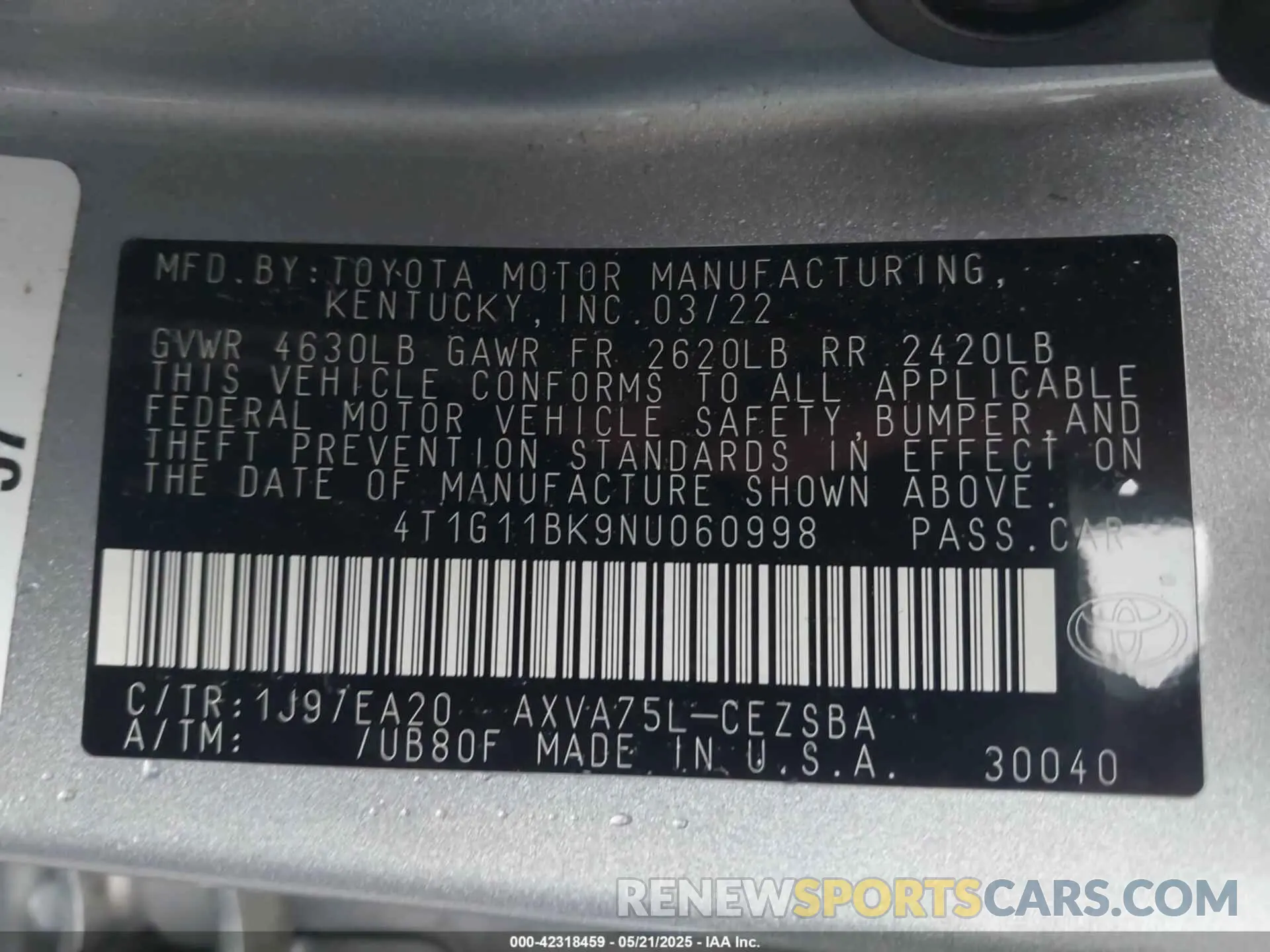 9 Photograph of a damaged car 4T1G11BK9NU060998 TOYOTA CAMRY 2022