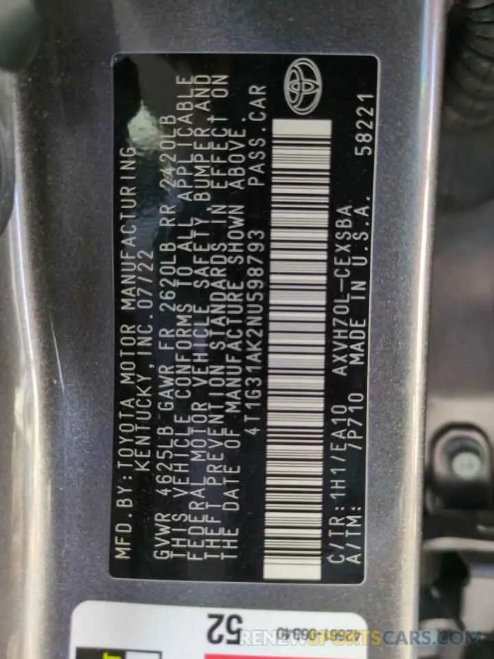 13 Photograph of a damaged car 4T1G31AK2NU598793 TOYOTA CAMRY 2022