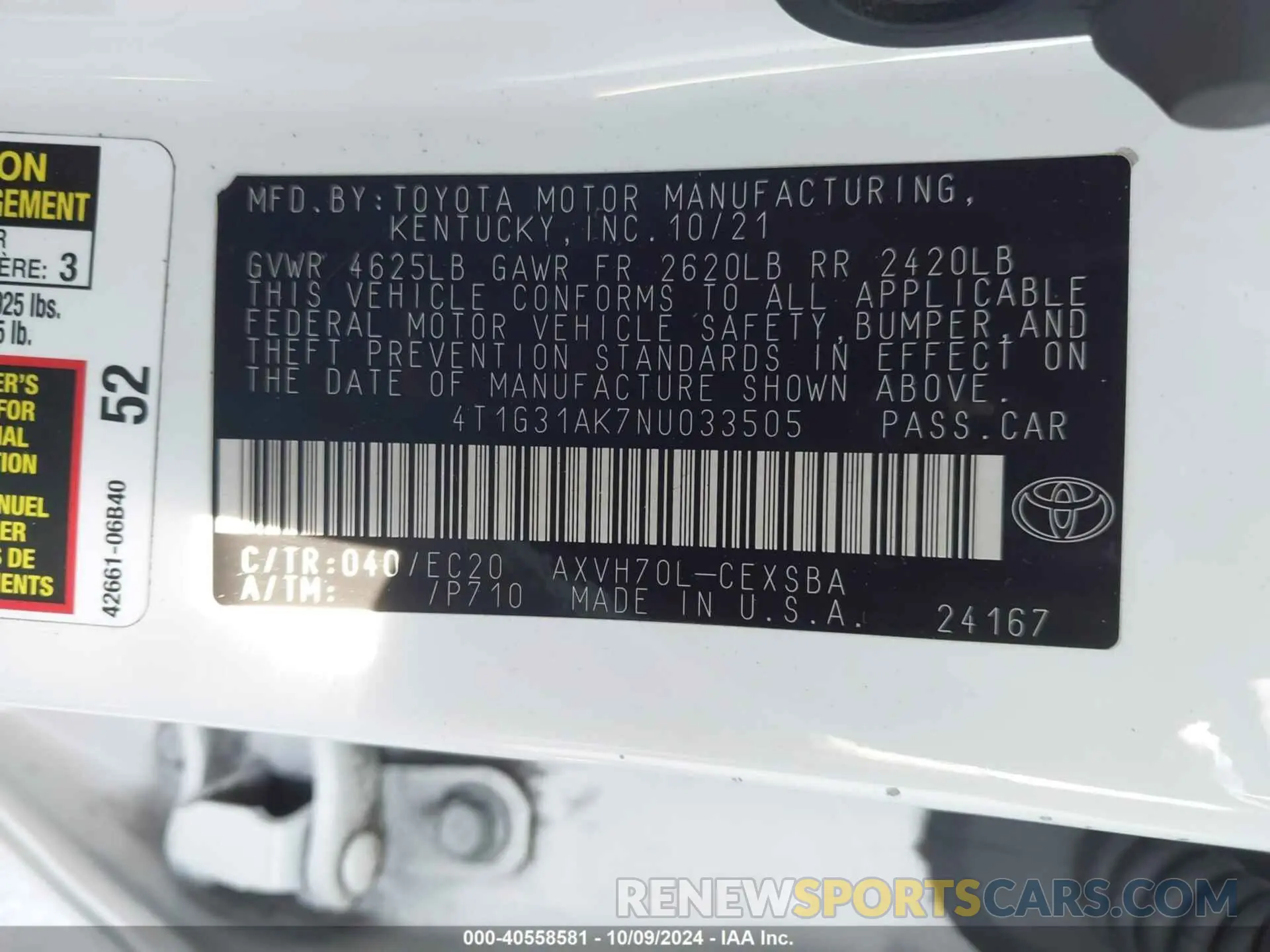 9 Photograph of a damaged car 4T1G31AK7NU033505 TOYOTA CAMRY 2022