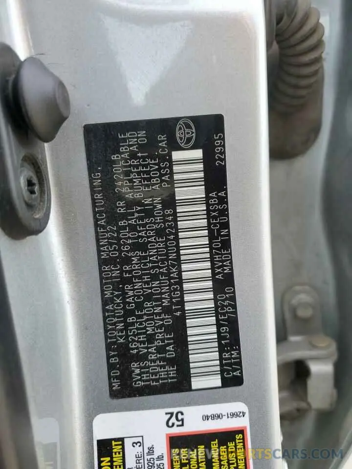 12 Photograph of a damaged car 4T1G31AK7NU042348 TOYOTA CAMRY 2022