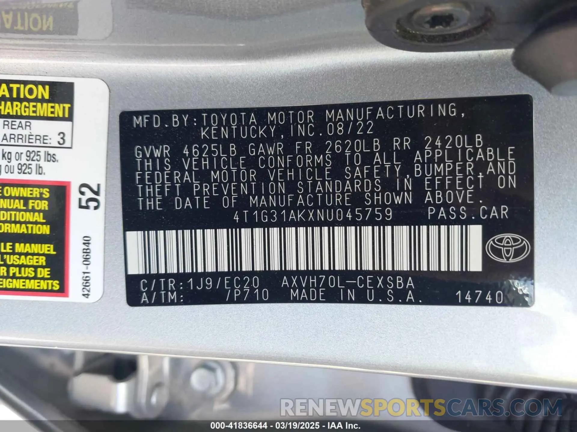 9 Photograph of a damaged car 4T1G31AKXNU045759 TOYOTA CAMRY 2022
