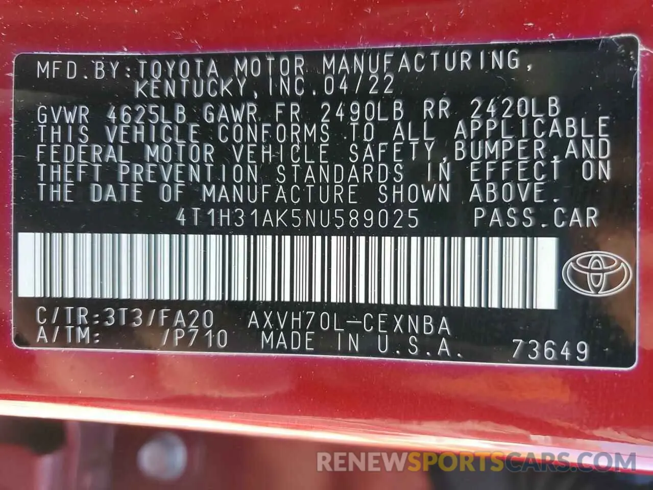 13 Photograph of a damaged car 4T1H31AK5NU589025 TOYOTA CAMRY 2022