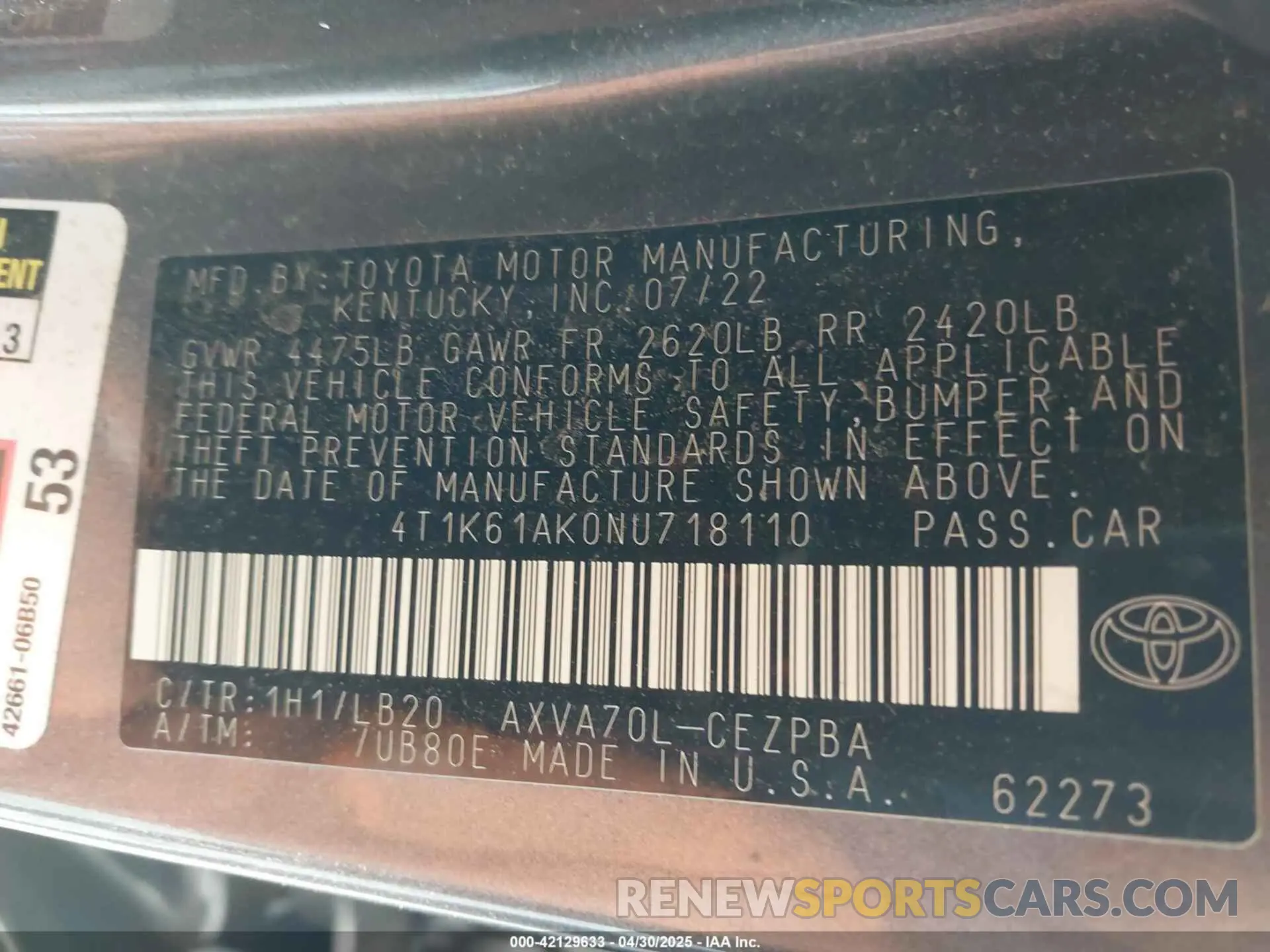 9 Photograph of a damaged car 4T1K61AK0NU718110 TOYOTA CAMRY 2022