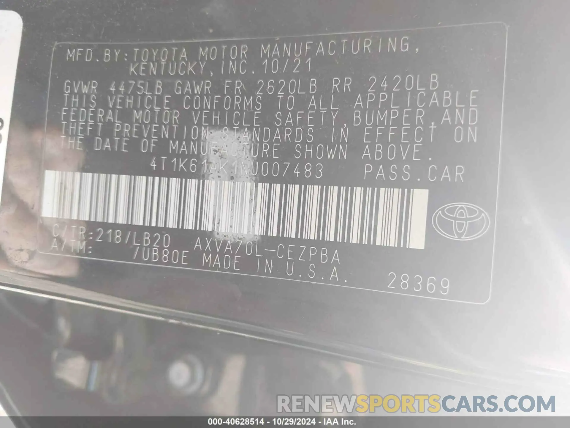 9 Photograph of a damaged car 4T1K61AK1NU007483 TOYOTA CAMRY 2022