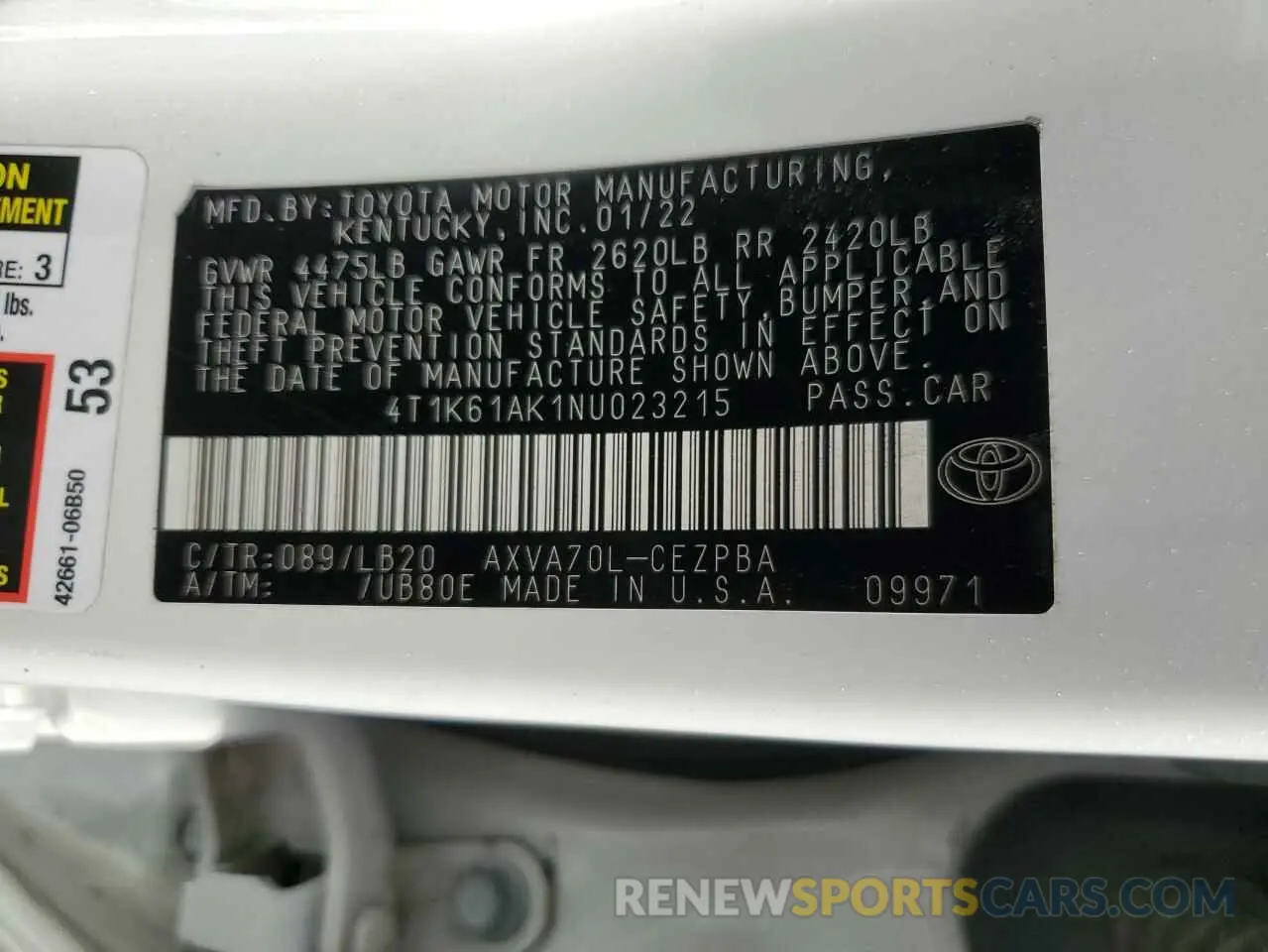 12 Photograph of a damaged car 4T1K61AK1NU023215 TOYOTA CAMRY 2022