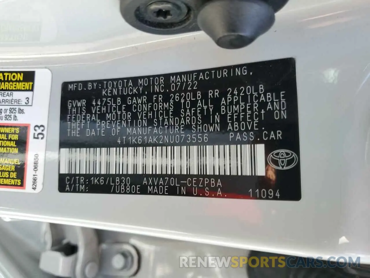 12 Photograph of a damaged car 4T1K61AK2NU073556 TOYOTA CAMRY 2022