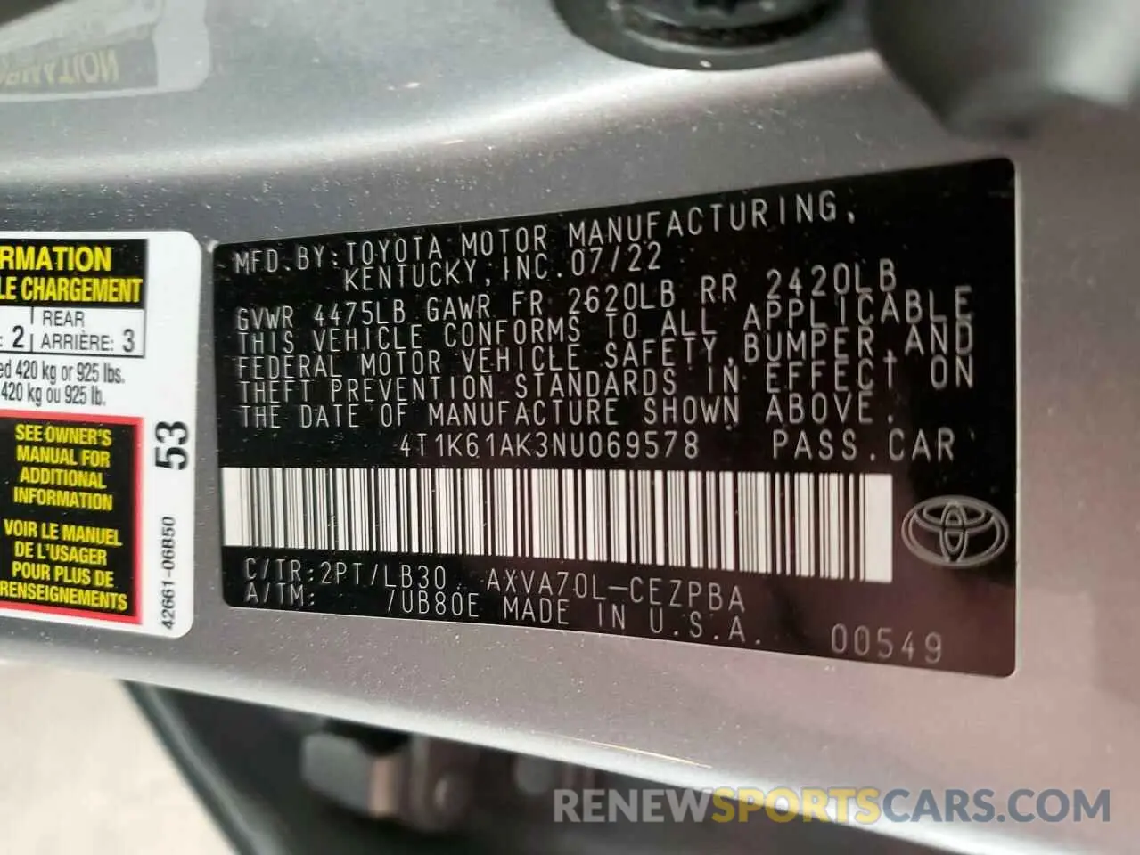 13 Photograph of a damaged car 4T1K61AK3NU069578 TOYOTA CAMRY 2022